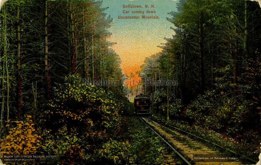 Postcard: Goffstown, N.H. Car coming down Uncanoonuc Mountain.